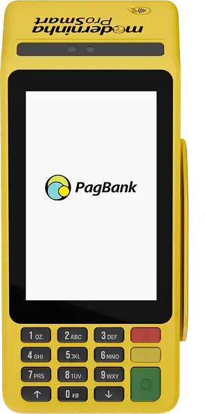 Moderninha ProSmart do PagBank vista de frente, com tela touch e teclado físico